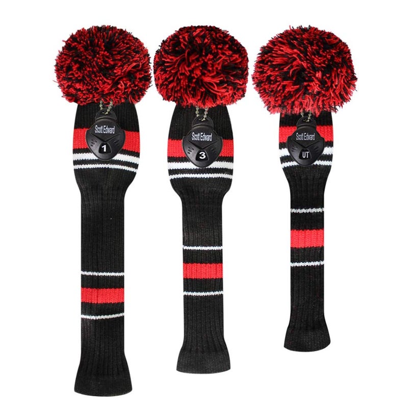 Scott Edward Black Red White Warning Color Style Golf Club Covers Set of 3 for Wood Clubs, Rotating Number Tags(Red Warning) - Image 2